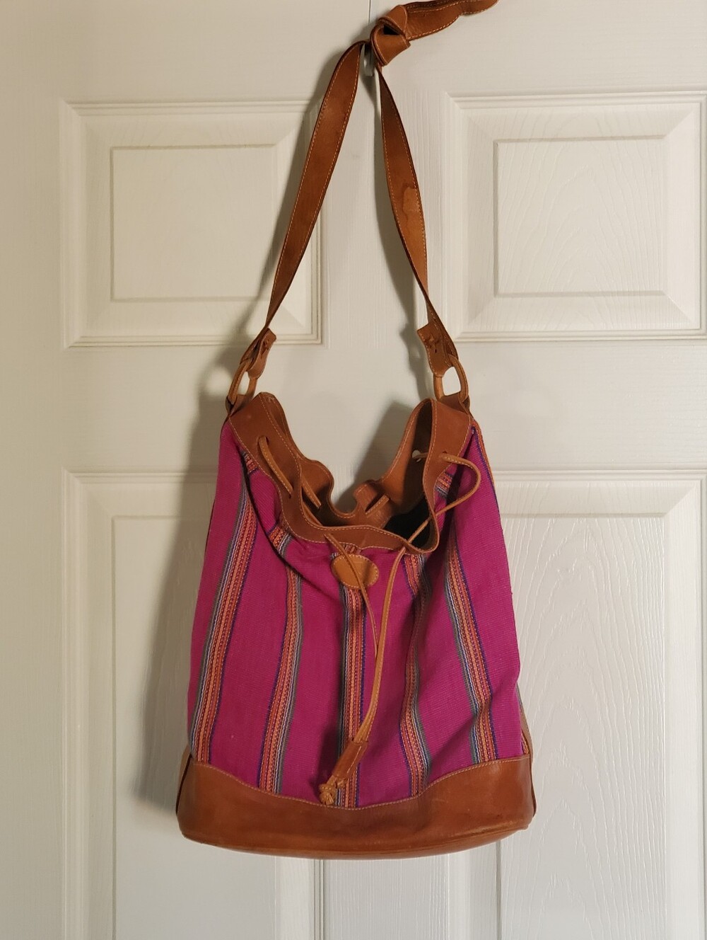 Women's Pink Striped Cotton Bucket Bag With Leather Strap  12" X 6" at Base.